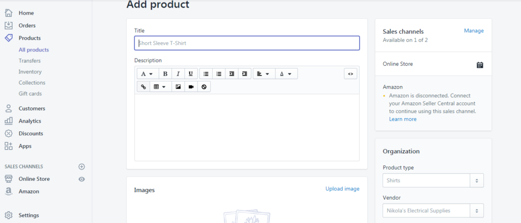 Add product page shopify store admin dashboard