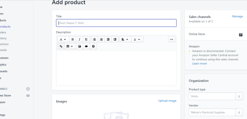 Add product page shopify store admin dashboard.