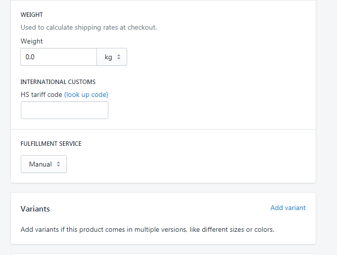 add products to shopify store weight of product shipping and tax