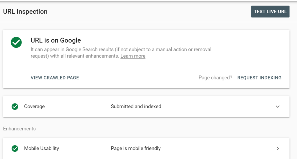 url inspetion search console google index