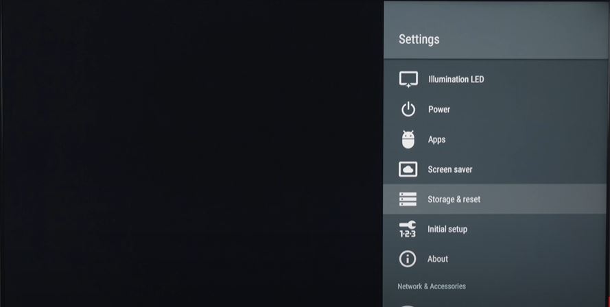 Factory reset sony bravia smart tv by clicking storage and reset