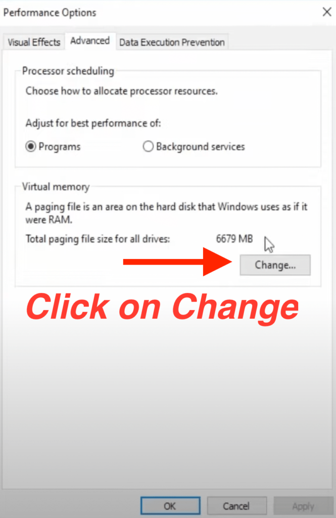 in performance settings-click on change