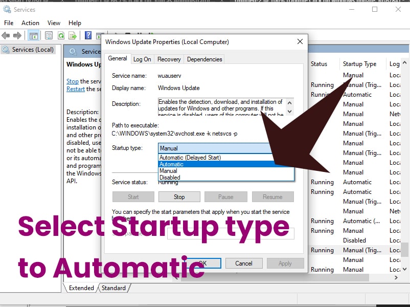 select startup type to automatic