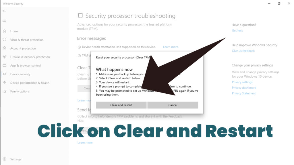 click on clear and restart to rest tpm on windows