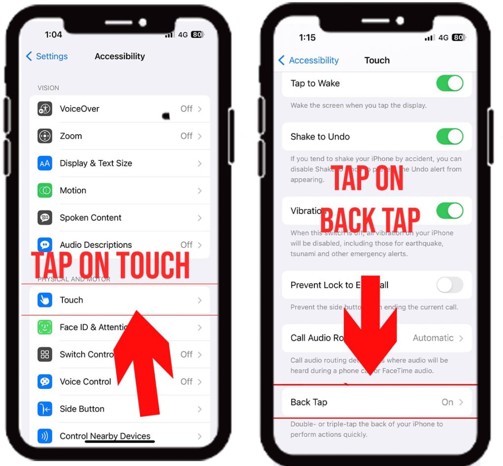Tap on touch and select back tap