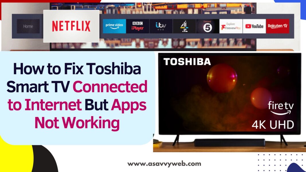 If apps are not opening or not working on toshiba smart tv then first thing you need to do is restart router or modem and then power reset toshiba smart tv and then check and if this doesn't fix the issue then there is an issue with app and you need to clear cache or update apps and update toshiba tv to latest version.